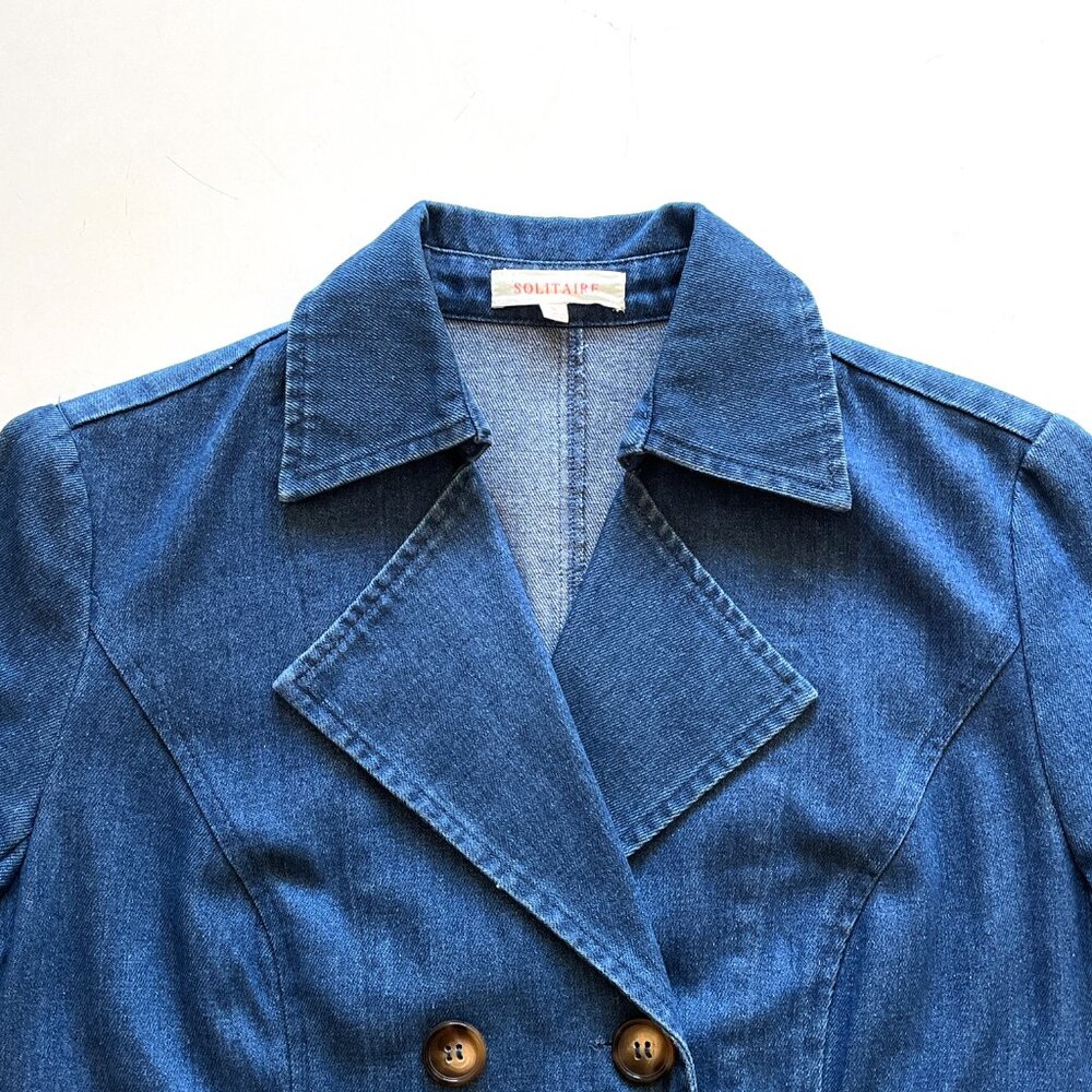 Women's Solitaire Blue Denim Belted Double Breasted Cotton Trench Coat Small - Picture 4 of 7
